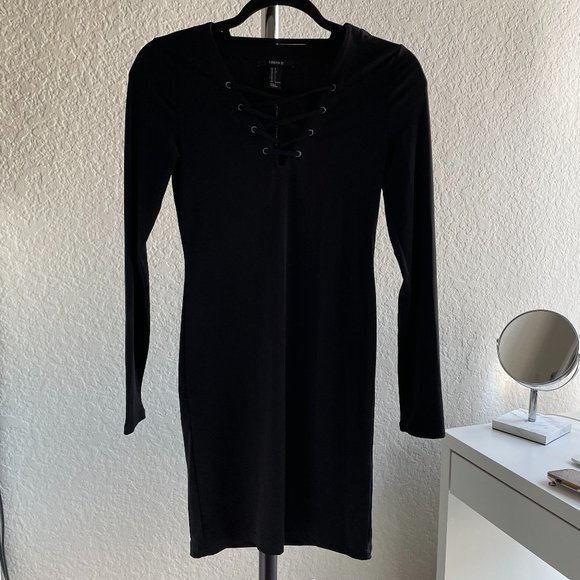 Black Bodycon Dress with Front Lace Up Size Small - Picture 5 of 8